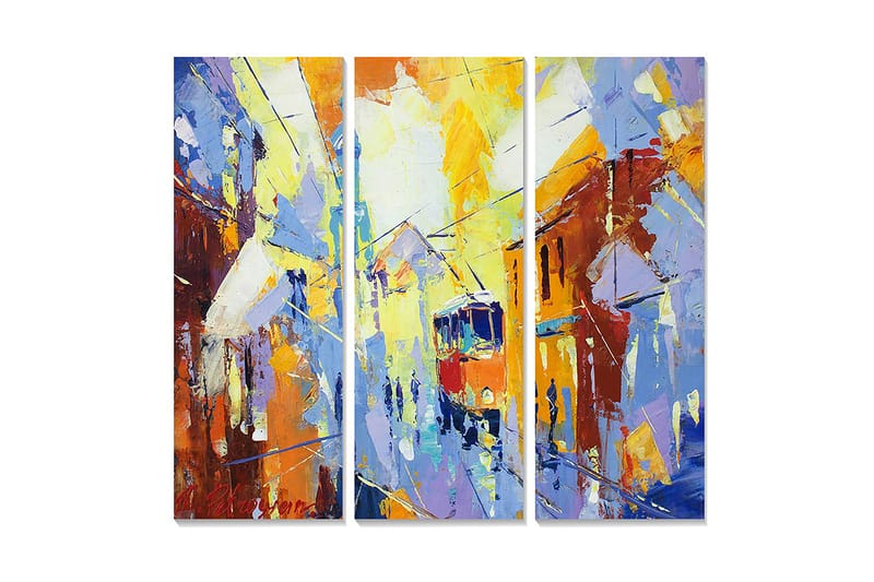 Canvastavla i trä 3-delar 50x70 cm - Livlig stadsbild med en spårvagn i rörelse - Blå / Orange / Gul - Inredning & dekor - Tavlor & konst - Canvastavla