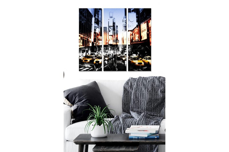 Canvastavla i trä 3-delar 50x70 cm - Livlig stadsbild med gula taxibilar i en urban miljö - Gult / Svart / Blått - Inredning & dekor - Tavlor & konst - Canvastavla