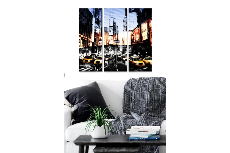 Canvastavla i trä 3-delar 50x70 cm - Livlig stadsbild med gula taxibilar i en urban miljö, Gult / Svart / Blått