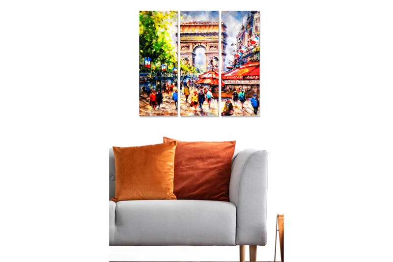 Canvastavla i trä 3-delar 50x70 cm - Livlig stadsbild med människor och caféer vid en känd monument, Grön / Röd / Blå