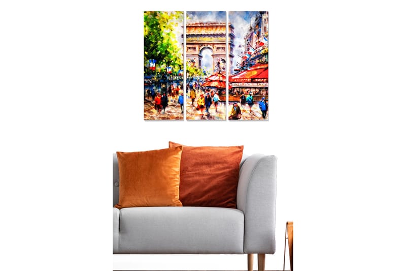 Canvastavla i trä 3-delar 50x70 cm - Livlig stadsbild med människor och caféer vid en känd monument, Grön / Röd / Blå