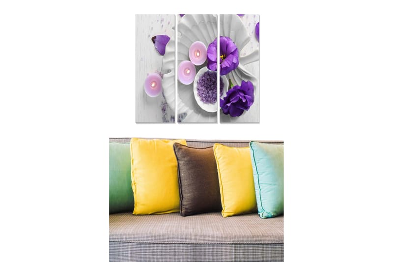 Canvastavla i trä 3-delar 50x70 cm - Ljuslila blommor och ljus på en vit bakgrund, Ljuslila / Vit / Grå