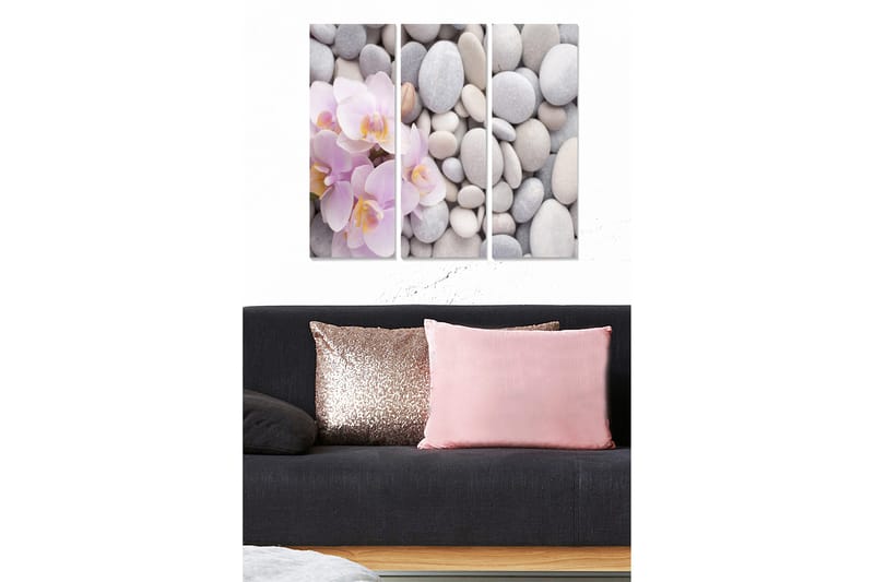 Canvastavla i trä 3-delar 50x70 cm - Ljusrosa orkidéer bland grå stenar - Ljusrosa / Grå / Vit - Inredning & dekor - Tavlor & konst - Canvastavla