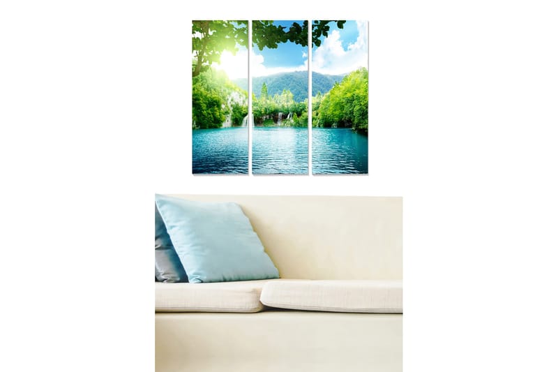 Canvastavla i trä 3-delar 50x70 cm - Lugn sjö med omgivande grönska och berg, Turkos / Grön / Blå