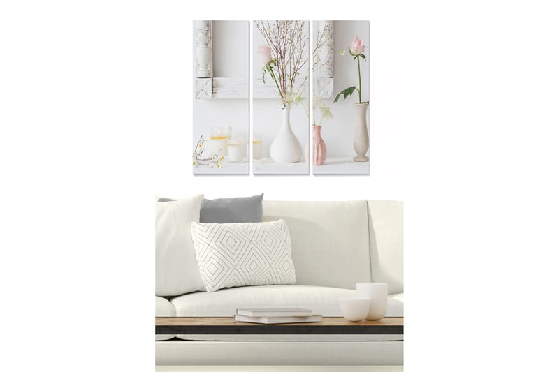 Canvastavla i trä 3-delar 50x70 cm - Lugn stillhet med blommor och ljus i vaser, Rosa / Vit / Beige