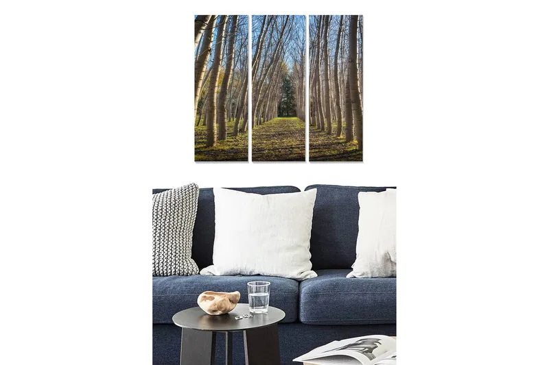 Canvastavla i trä 3-delar 50x70 cm - Lummig allé med höga träd som sträcker sig mot en ljus himmel, Grön / Brun / Blå