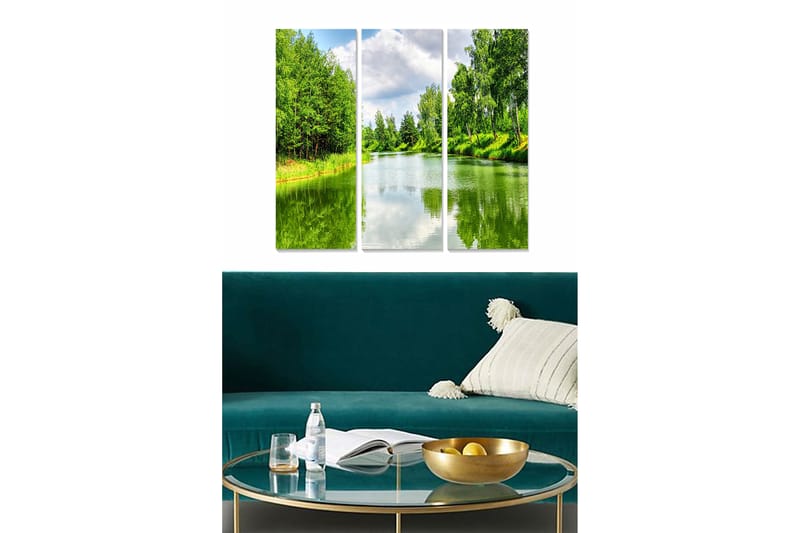 Canvastavla i trä 3-delar 50x70 cm - Lummig landskap med spegelblanka vattenytor - Grön / Blå / Vit - Inredning & dekor - Tavlor & konst - Canvastavla