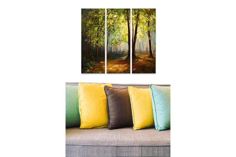 Canvastavla i trä 3-delar 50x70 cm - Lummig skog med solstrålar som sipprar genom träden, Grön / Brun / Gul