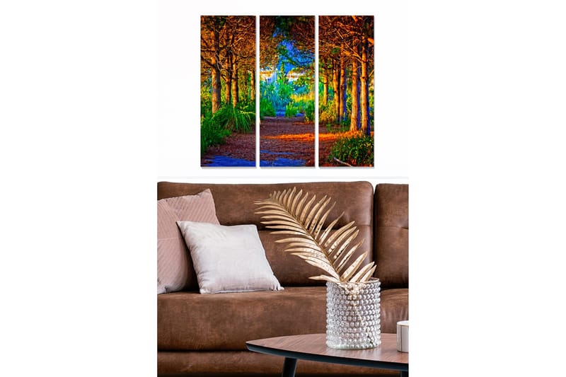 Canvastavla i trä 3-delar 50x70 cm - Lummig skogsgång med solbelysta träd och grönska - Grön / Orange / Blå - Inredning & dekor - Tavlor & konst - Canvastavla