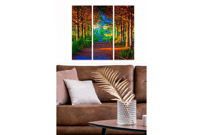 Canvastavla i trä 3-delar 50x70 cm - Lummig skogsgång med solbelysta träd och grönska, Grön / Orange / Blå