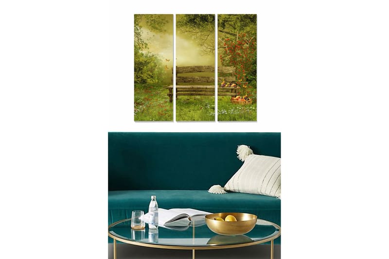 Canvastavla i trä 3-delar 50x70 cm - Lummig park med en bänk och fruktkorg omgiven av blommor och fjärilar - Grön / Röd / Gul - Inredning & dekor - Tavlor & konst - Canvastavla