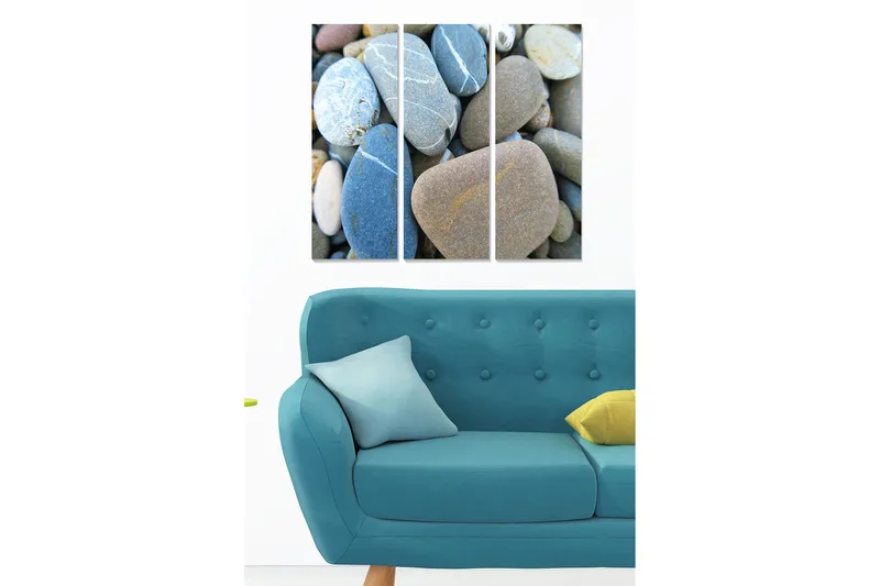 Canvastavla i trä 3-delar 50x70 cm - Mängd av släta stenar i olika färger och former, Blå / Grå / Beige