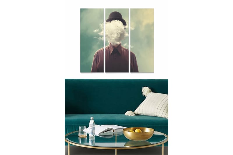 Canvastavla i trä 3-delar 50x70 cm - Människa med en molnig huvudform som bär en hatt, Mörkbrun / Ljusgrön / Vit
