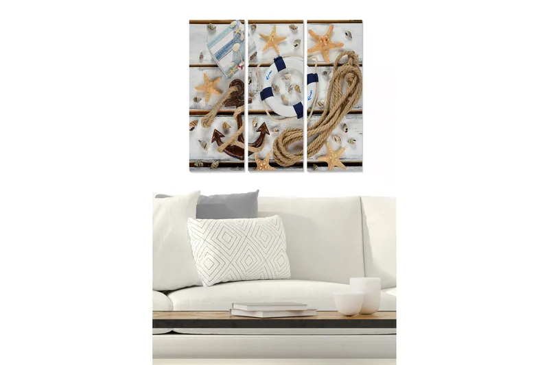 Canvastavla i trä 3-delar 50x70 cm - Marint stilleben med snäckor, stjärnformade sjöstjärnor och en livboj, Beige / Blå / Brun