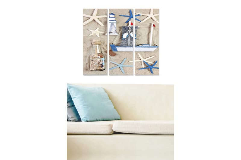 Canvastavla i trä 3-delar 50x70 cm - Maritim komposition med segelbåt och sjöstjärnor, Blå / Vit / Beige