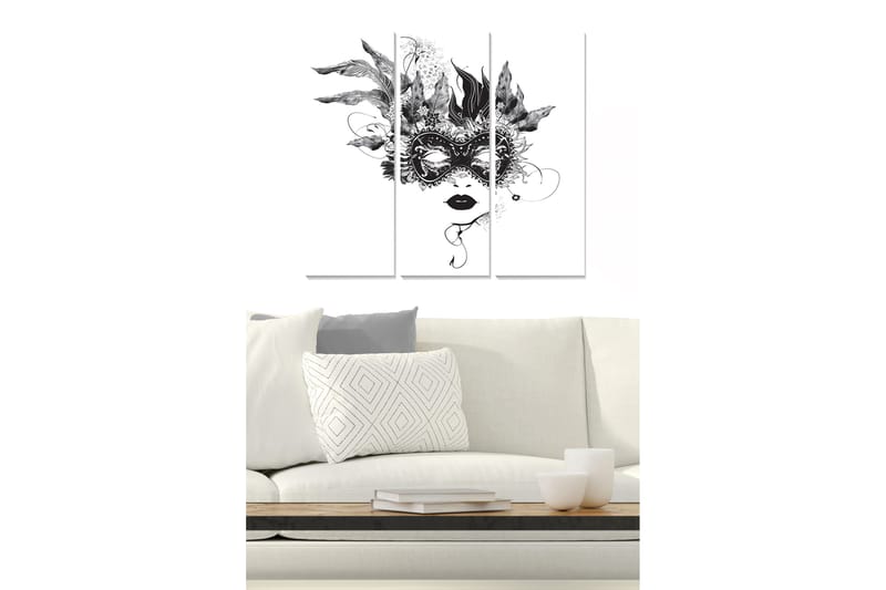 Canvastavla i trä 3-delar 50x70 cm - Maskerad kvinna med fjädrar och detaljerade mönster - Svart / Vitt - Inredning & dekor - Tavlor & konst - Canvastavla