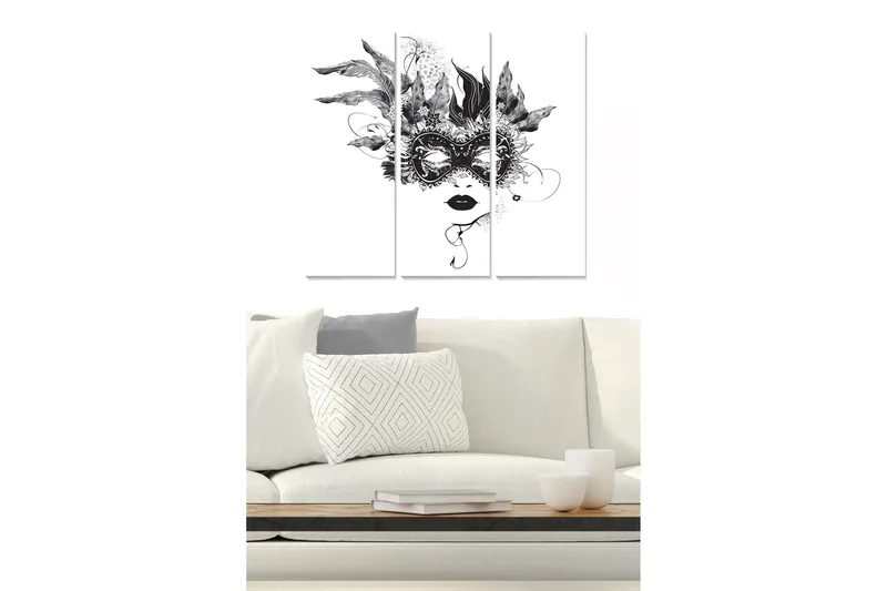 Canvastavla i trä 3-delar 50x70 cm - Maskerad kvinna med fjädrar och detaljerade mönster - Svart / Vitt - Inredning & dekor - Tavlor & konst - Canvastavla