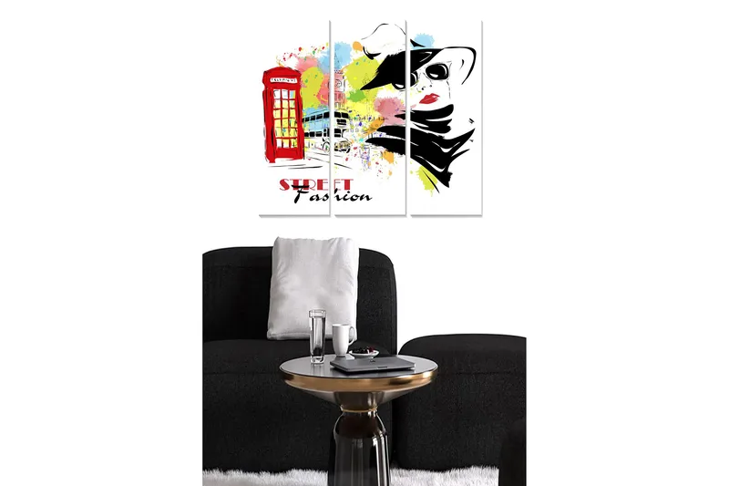 Canvastavla i trä 3-delar 50x70 cm - Modeinspirerad illustration med en kvinna i hatt och en röd telefonkiosk, Röd / Svart / Gul