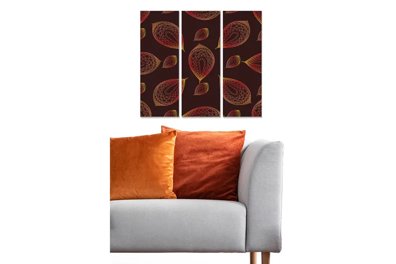 Canvastavla i trä 3-delar 50x70 cm - Mönster av stiliserade löv i varma färger, Mörkröd / Guld / Orange
