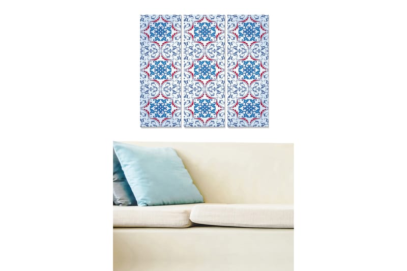 Canvastavla i trä 3-delar 50x70 cm - Mönstrad panel med blå och röda ornament - Blå / Röd / Vit - Inredning & dekor - Tavlor & konst - Canvastavla