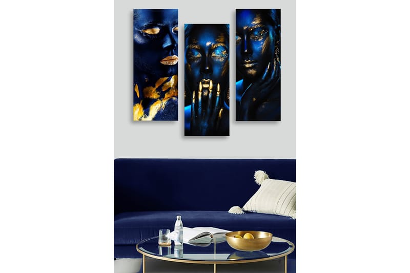 Canvastavla i trä 3-delar 50x70 cm - Mörkblå ansikten med guldiga detaljer - Mörkblå / Guld - Inredning & dekor - Tavlor & konst - Canvastavla