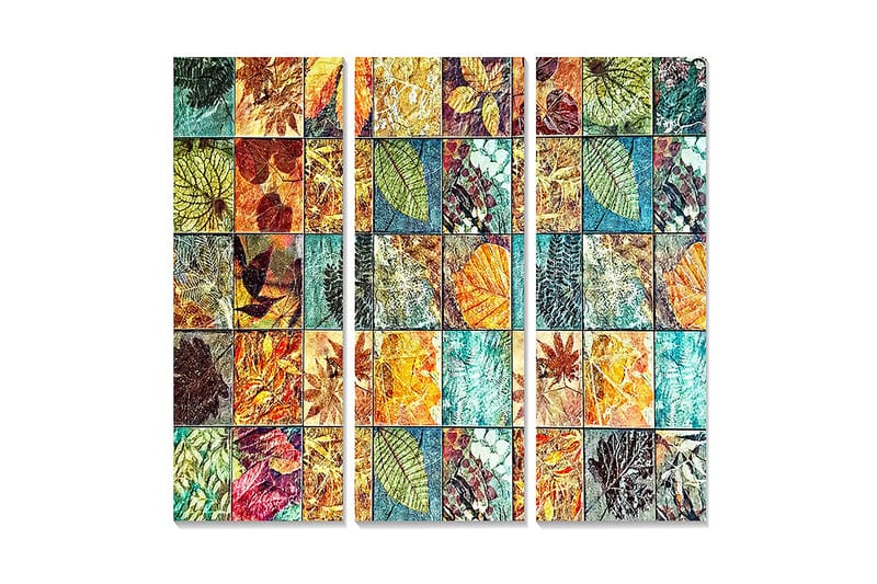 Canvastavla i trä 3-delar 50x70 cm - Mosaik av färgglada löv och växtdetaljer - Grön / Orange / Blå - Inredning & dekor - Tavlor & konst - Canvastavla