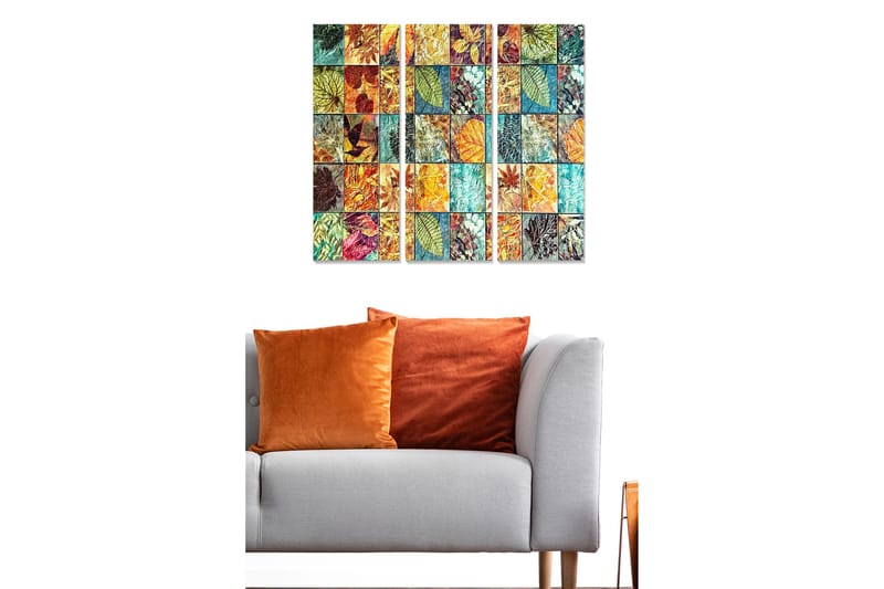 Canvastavla i trä 3-delar 50x70 cm - Mosaik av färgglada löv och växtdetaljer - Grön / Orange / Blå - Inredning & dekor - Tavlor & konst - Canvastavla