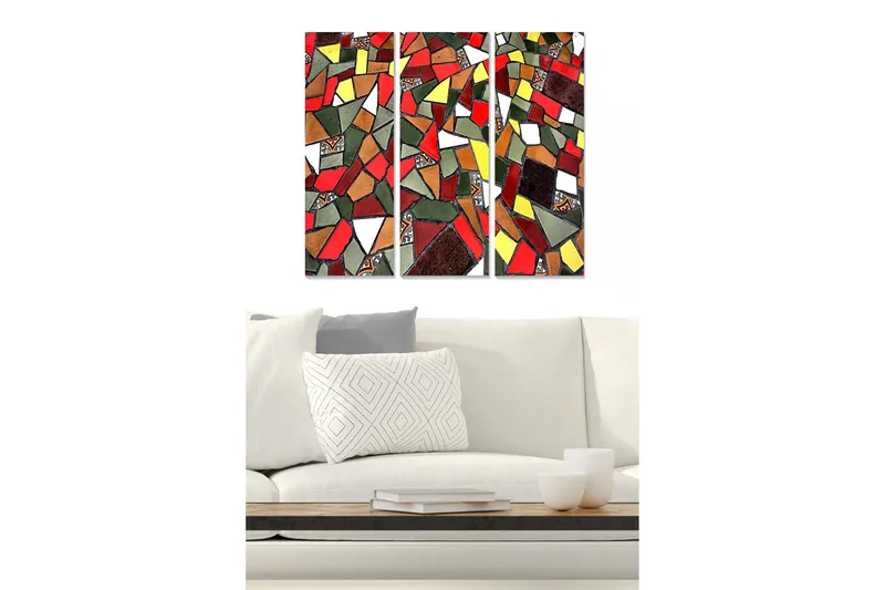 Canvastavla i trä 3-delar 50x70 cm - Mosaik komposition med gröna, gula vita former, Grön / Röd / Vit