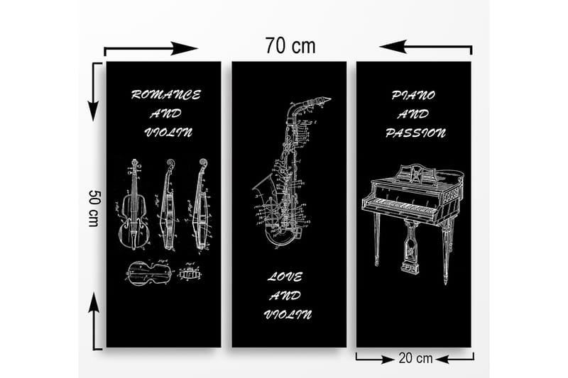 Canvastavla i trä 3-delar 50x70 cm - Musikinstrument i skissartad stil - Svart / Vit - Inredning & dekor - Tavlor & konst - Canvastavla