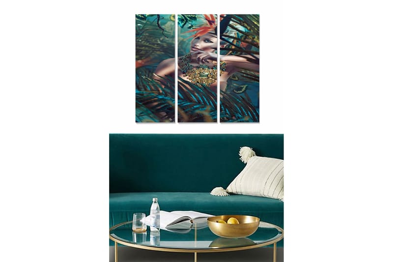 Canvastavla i trä 3-delar 50x70 cm - Mystisk kvinna omgiven av tropiska växter - Mörkgrön / Turkos / Röd - Inredning & dekor - Tavlor & konst - Canvastavla
