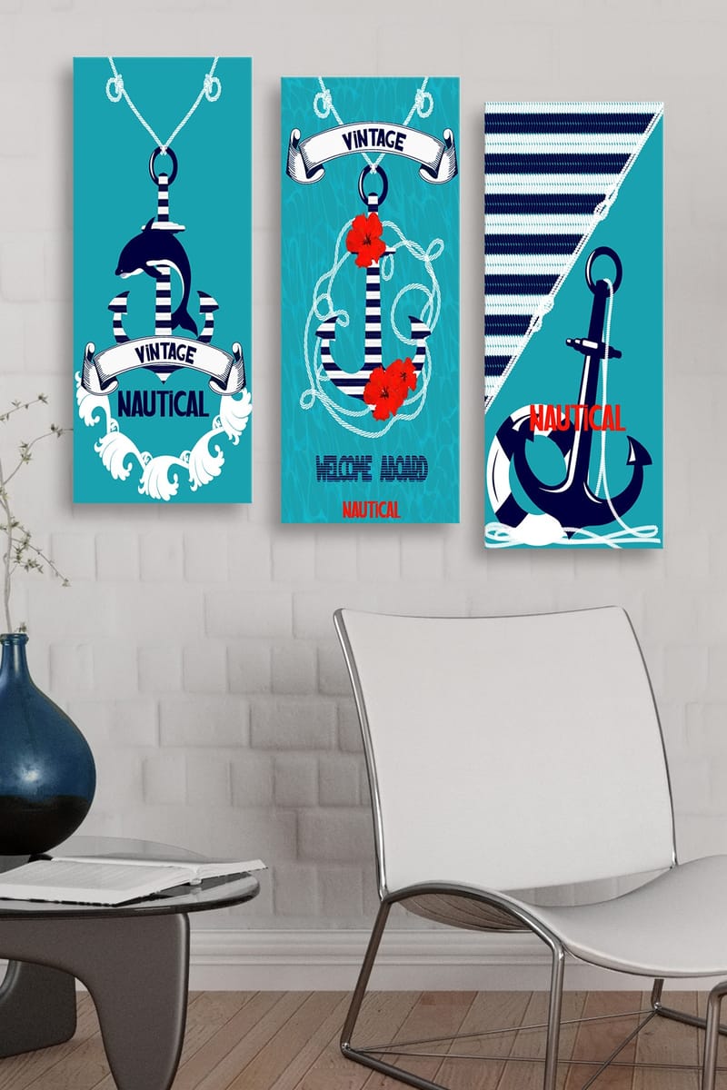 Canvastavla i trä 3-delar 50x70 cm - Nautisk komposition med ankare och blommor - Turkos / Blå / Röd - Inredning & dekor - Tavlor & konst - Canvastavla