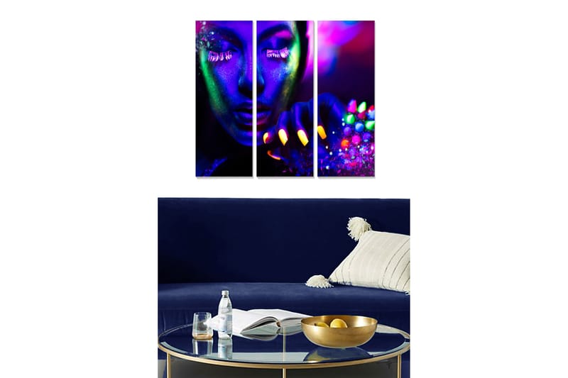 Canvastavla i trä 3-delar 50x70 cm - Neonfärgad porträtt av en kvinna med färgglada naglar och glittrande detaljer, Lila / Grön / Gul