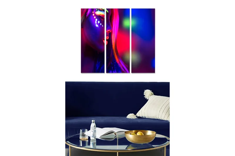 Canvastavla i trä 3-delar 50x70 cm - Neonfärgad porträtt av en kvinna med ansiktsmålning - Lila / Rosa / Grön - Inredning & dekor - Tavlor & konst - Canvastavla