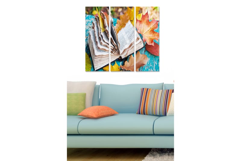 Canvastavla i trä 3-delar 50x70 cm - Öppen bok omgiven av höstlöv på en färgglad bakgrund - Orange / Grön / Blå - Inredning & dekor - Tavlor & konst - Canvastavla