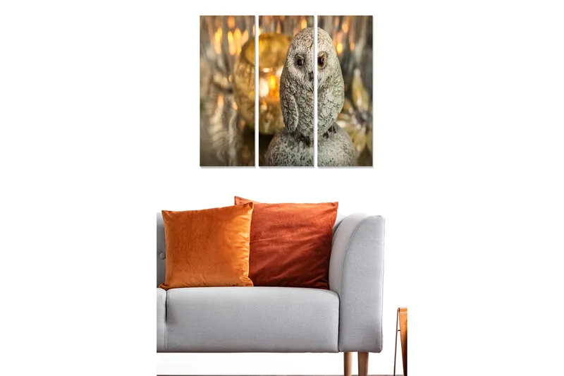 Canvastavla i trä 3-delar 50x70 cm - Realistisk uggla i grå nyanser - Grå / Beige / Brun - Inredning & dekor - Tavlor & konst - Canvastavla