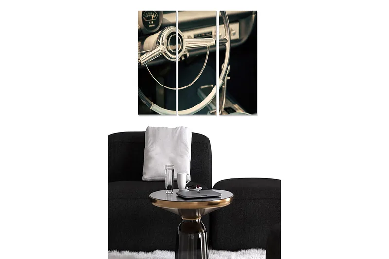 Canvastavla i trä 3-delar 50x70 cm - Retro bilinteriör med fokus på ratt och instrumentpanel - Silver / Svart / Grå - Inredning & dekor - Tavlor & konst - Canvastavla