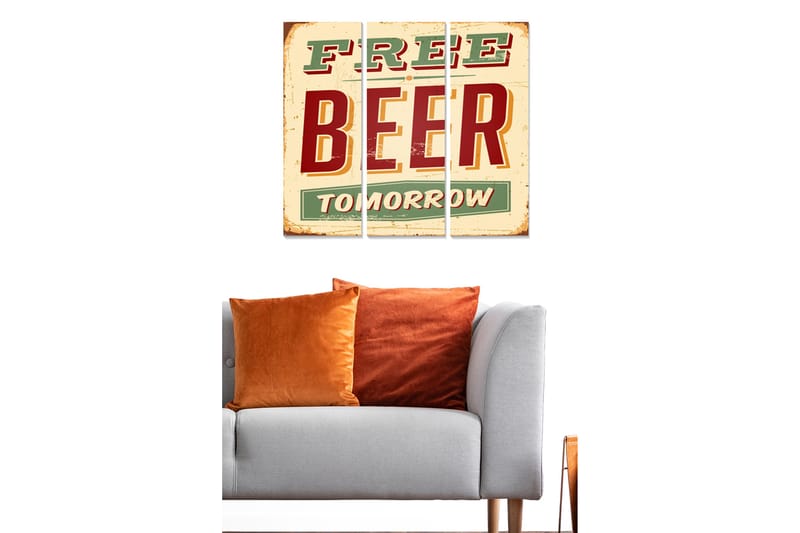 Canvastavla i trä 3-delar 50x70 cm - Retro skylt med texten FREE BEER TOMORROW - Röd / Grön / Beige - Inredning & dekor - Tavlor & konst - Canvastavla