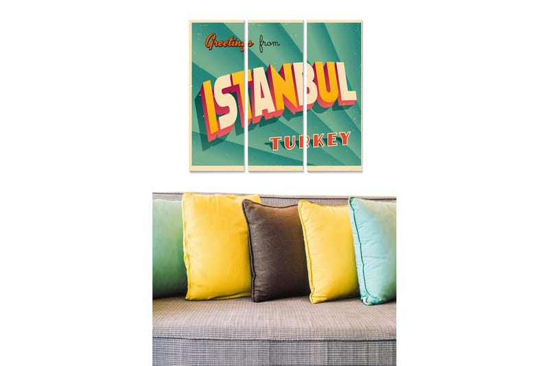 Canvastavla i trä 3-delar 50x70 cm - Retroaffisch med texten Greetings from ISTANBUL, Turkos / Gul / Röd
