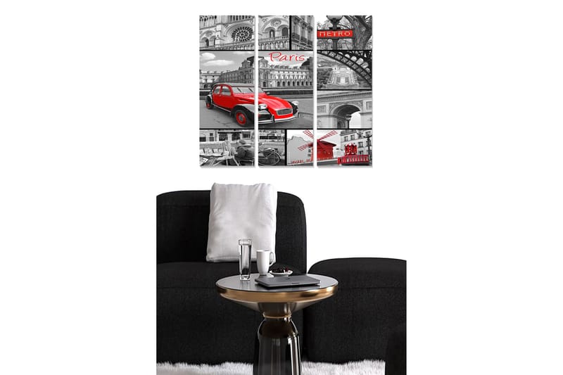 Canvastavla i trä 3-delar 50x70 cm - Röd bil i en svartvit stadsbild av Paris, Röd / Svart / Gr å
