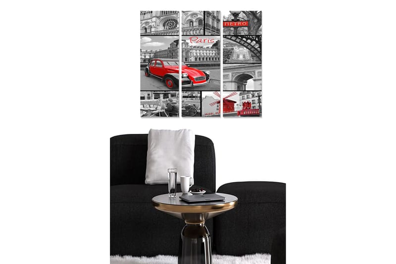Canvastavla i trä 3-delar 50x70 cm - Röd bil i en svartvit stadsbild av Paris, Röd / Svart / Grå