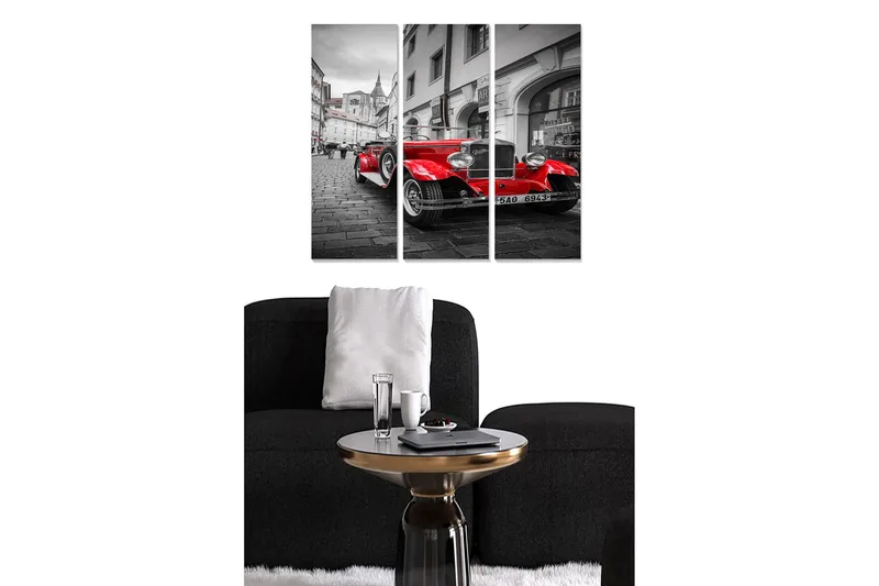 Canvastavla i trä 3-delar 50x70 cm - Röd klassisk bil på en gammal stadsgata, Röd / Svart / Grå