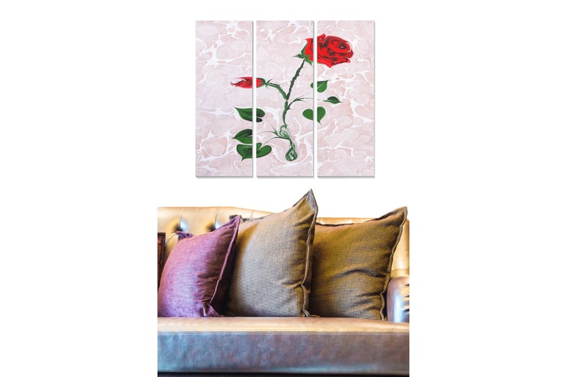 Canvastavla i trä 3-delar 50x70 cm - Röd ros med gröna blad mot en ljus bakgrund, Röd / Grön / Ljusrosa