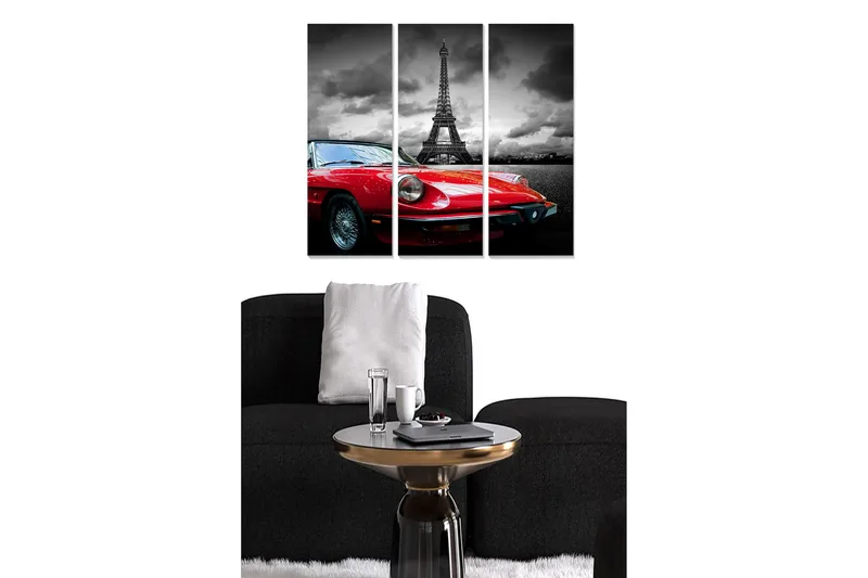 Canvastavla i trä 3-delar 50x70 cm - Röd sportbil framför Eiffeltornet i en dramatisk svartvit miljö, Röd / Svart / Grå