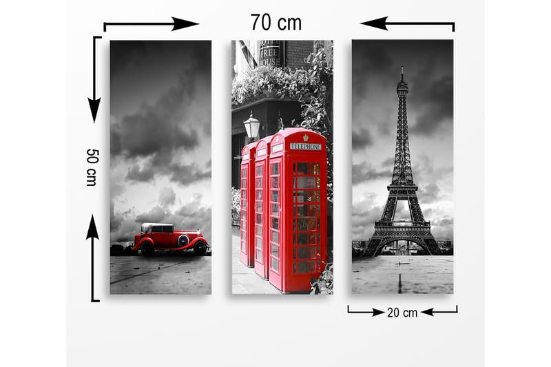 Canvastavla i trä 3-delar 50x70 cm - Röd telefonkiosk med ikoniska landmärken i bakgrunden - Röd / Svart / Grå - Inredning & dekor - Tavlor & konst - Canvastavla