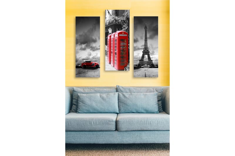 Canvastavla i trä 3-delar 50x70 cm - Röd telefonkiosk med ikoniska landmärken i bakgrunden, Röd / Svart / Grå
