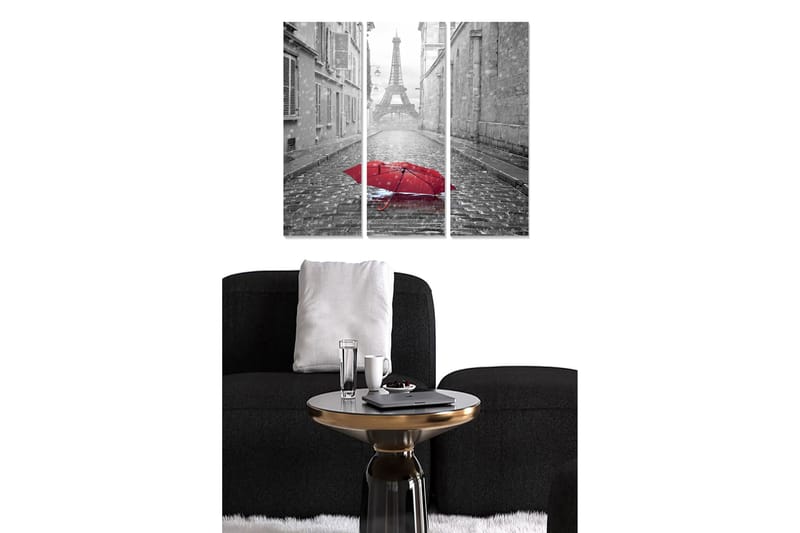 Canvastavla i trä 3-delar 50x70 cm - Röd paraply på en regnig gata med Eiffeltornet i bakgrunden - Röd / Grå - Inredning & dekor - Tavlor & konst - Canvastavla