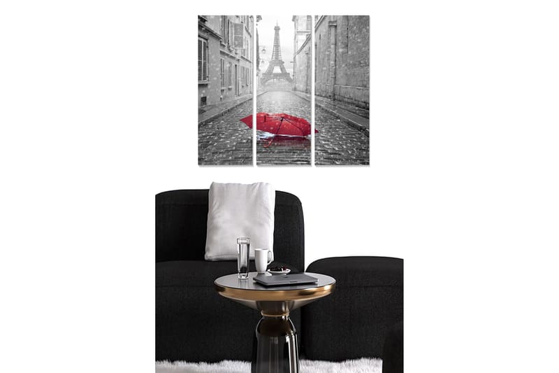 Canvastavla i trä 3-delar 50x70 cm - Röd paraply på en regnig gata med Eiffeltornet i bakgrunden - Röd / Grå - Inredning & dekor - Tavlor & konst - Canvastavla