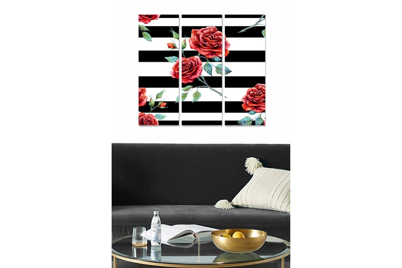 Canvastavla i trä 3-delar 50x70 cm - Röda rosor mot svart-vita ränder - Röd / Grön / Svart - Inredning & dekor - Tavlor & konst - Canvastavla