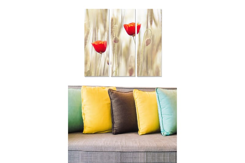 Canvastavla i trä 3-delar 50x70 cm - Röda vallmo i ett mjukt, gult och beige landskap - Röd / Gul / Beige - Inredning & dekor - Tavlor & konst - Canvastavla