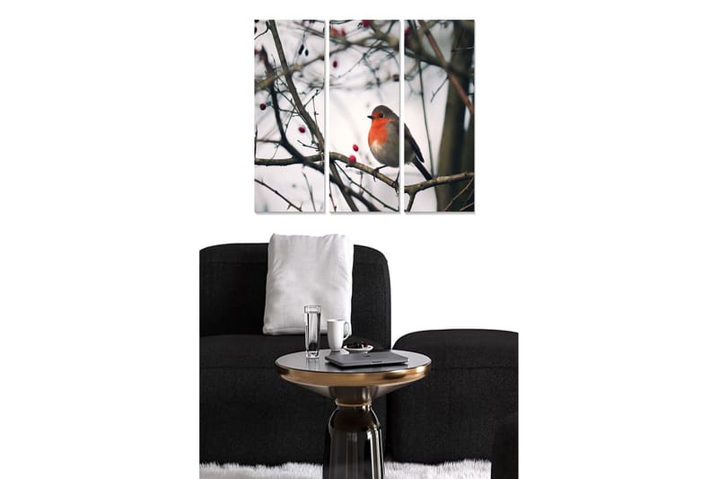 Canvastavla i trä 3-delar 50x70 cm - Rödbröstad fågel på en gren med bär - Grå / Röd / Brun - Inredning & dekor - Tavlor & konst - Canvastavla